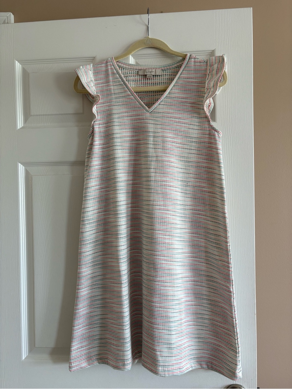 LOFT V-Neck Striped Dress in White with Multicolor Accents